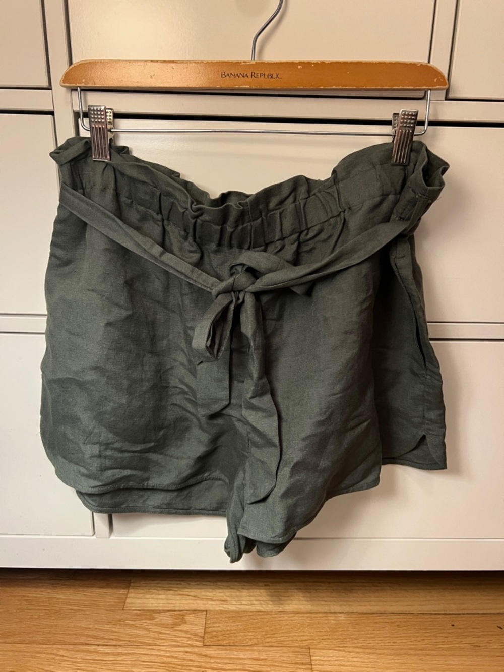 Express High Waist Paperbag Shorts in Olive Green